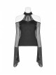 Small High Collar Off-Shoulder Splice Mesh Flare Sleeve Black Punk Knit T-Shirt