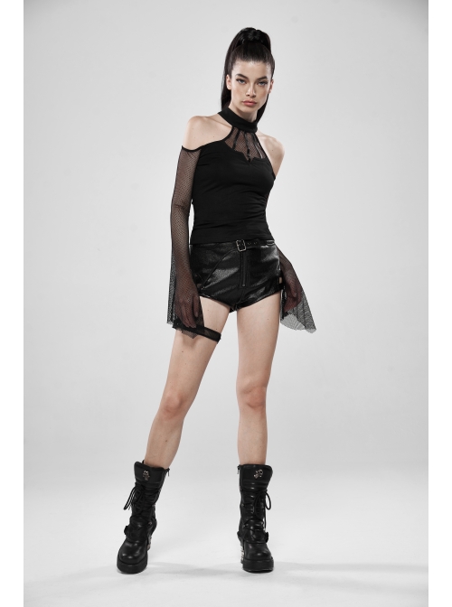 Small High Collar Off-Shoulder Splice Mesh Flare Sleeve Black Punk Knit T-Shirt