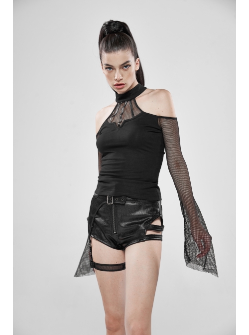 Small High Collar Off-Shoulder Splice Mesh Flare Sleeve Black Punk Knit T-Shirt