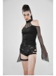Small High Collar Off-Shoulder Splice Mesh Flare Sleeve Black Punk Knit T-Shirt