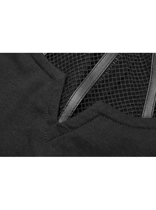 Small High Collar Off-Shoulder Splice Mesh Flare Sleeve Black Punk Knit T-Shirt