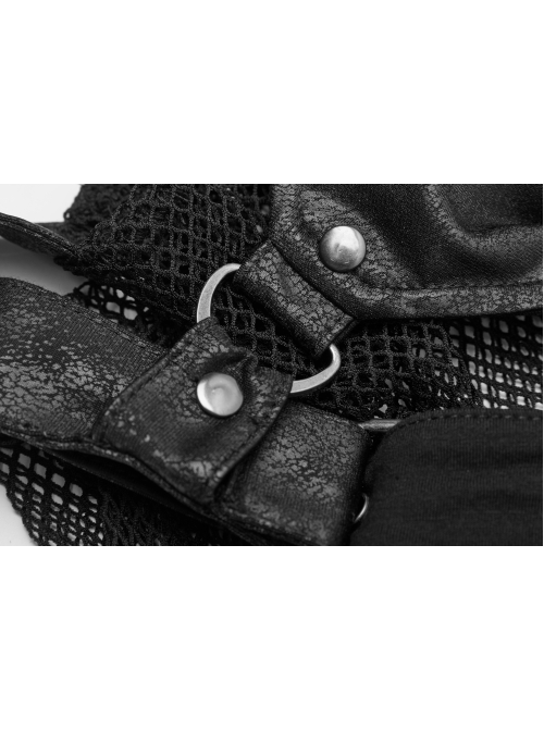 Small High Collar Metal Buckle Splice Mesh Back Zipper Black Punk Vest