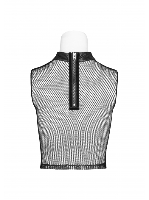 Small High Collar Metal Buckle Splice Mesh Back Zipper Black Punk Vest