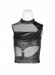 Small High Collar Metal Buckle Splice Mesh Back Zipper Black Punk Vest
