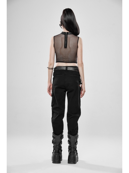 Small High Collar Metal Buckle Splice Mesh Back Zipper Black Punk Vest