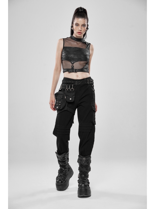 Small High Collar Metal Buckle Splice Mesh Back Zipper Black Punk Vest