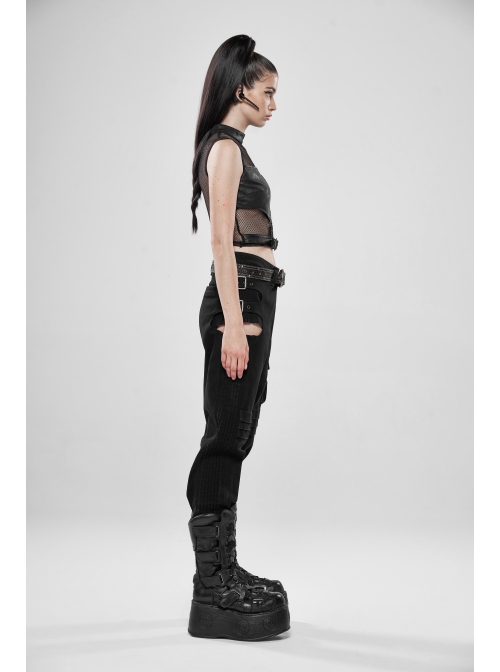 Small High Collar Metal Buckle Splice Mesh Back Zipper Black Punk Vest