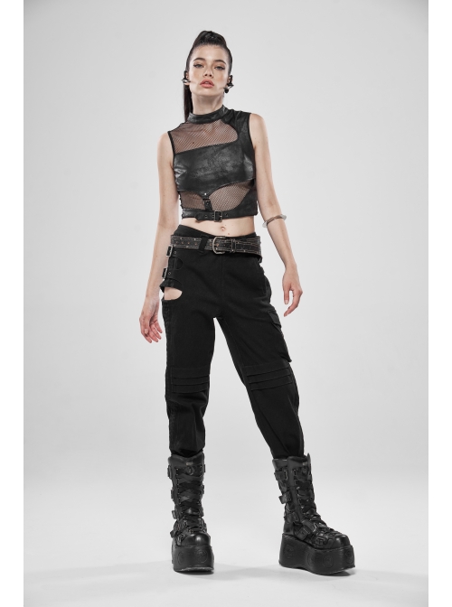 Small High Collar Metal Buckle Splice Mesh Back Zipper Black Punk Vest