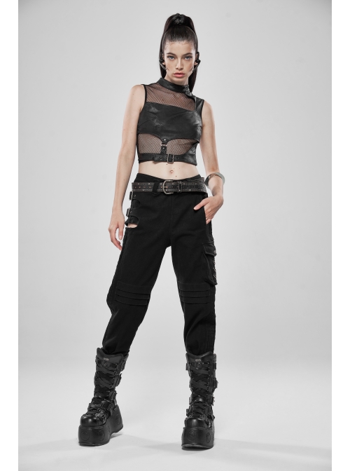 Small High Collar Metal Buckle Splice Mesh Back Zipper Black Punk Vest