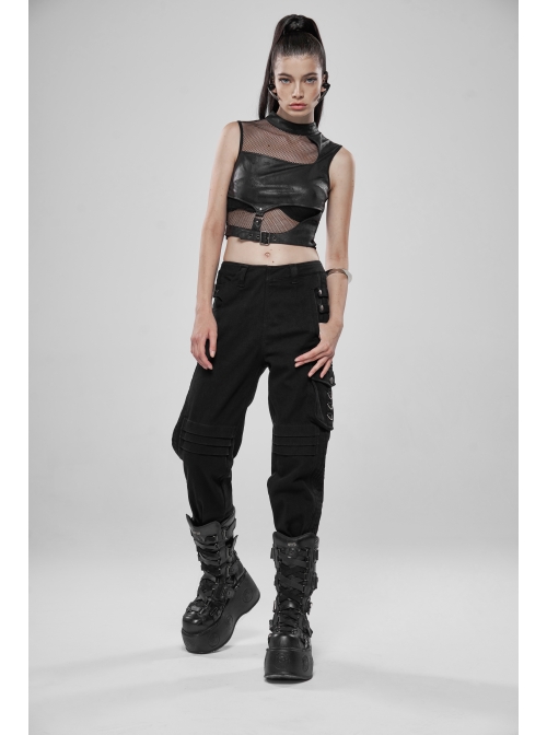 Small High Collar Metal Buckle Splice Mesh Back Zipper Black Punk Vest