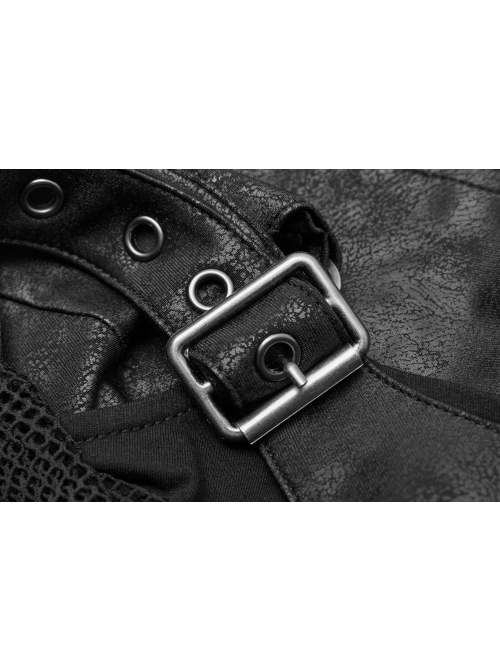 Small High Collar Metal Buckle Splice Mesh Back Zipper Black Punk Vest
