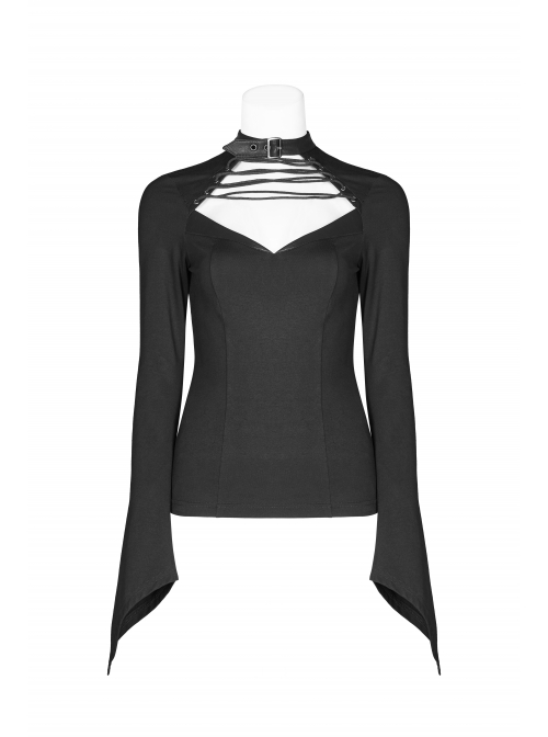 Metal Buckle Collar Front Chest Hollow-Out Lace-Up Flare Sleeve Black Punk T-Shirt