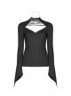 Metal Buckle Collar Front Chest Hollow-Out Lace-Up Flare Sleeve Black Punk T-Shirt
