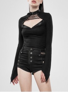 Metal Buckle Collar Front Chest Hollow-Out Lace-Up Flare Sleeve Black Punk T-Shirt