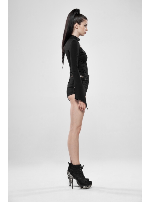 Metal Buckle Collar Front Chest Hollow-Out Lace-Up Flare Sleeve Black Punk T-Shirt