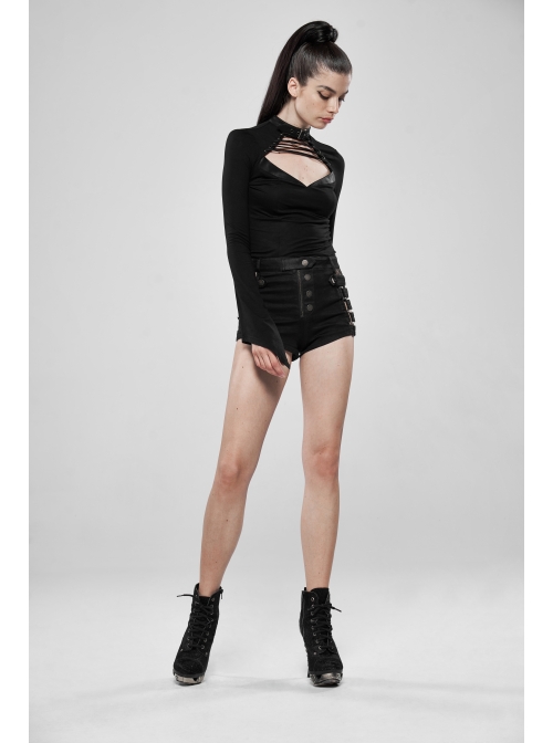 Metal Buckle Collar Front Chest Hollow-Out Lace-Up Flare Sleeve Black Punk T-Shirt