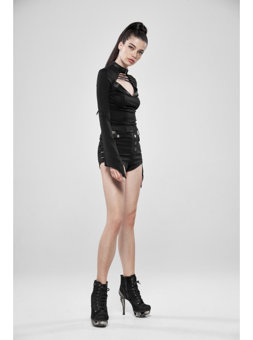 Metal Buckle Collar Front Chest Hollow-Out Lace-Up Flare Sleeve Black Punk T-Shirt