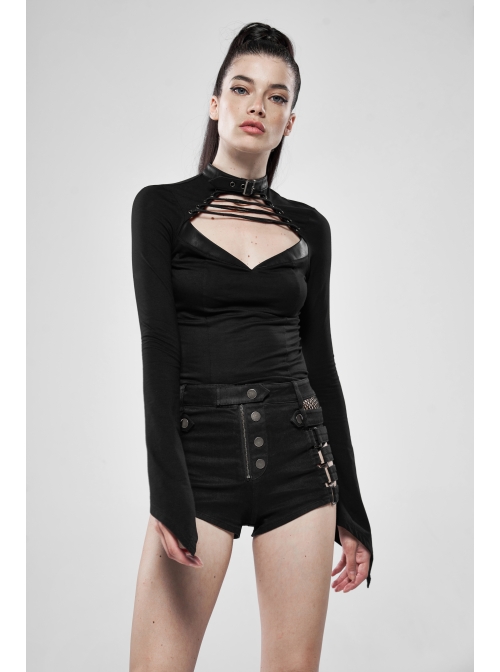Metal Buckle Collar Front Chest Hollow-Out Lace-Up Flare Sleeve Black Punk T-Shirt