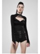 Metal Buckle Collar Front Chest Hollow-Out Lace-Up Flare Sleeve Black Punk T-Shirt