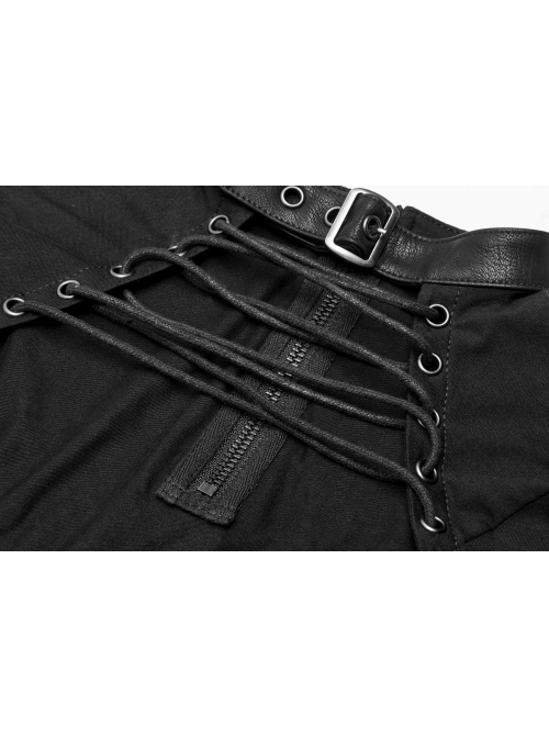 Metal Buckle Collar Front Chest Hollow-Out Lace-Up Flare Sleeve Black Punk T-Shirt