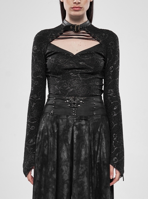 Metal Buckle Collar Front Chest Hollow-Out Lace-Up Flare Sleeve Black Jacquard Printed Punk T-Shirt