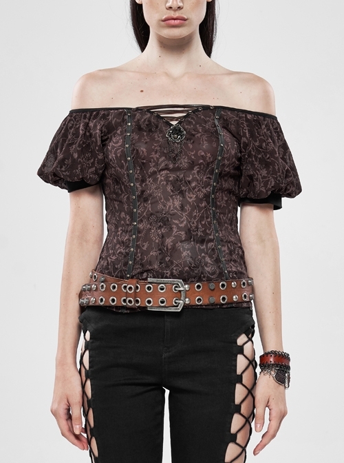 One-Word Shoulder Front Chest Lace-Up Bubble Sleeve Metal Nails Leather Strap Wine Red Flocking Chiffon T-Shirt