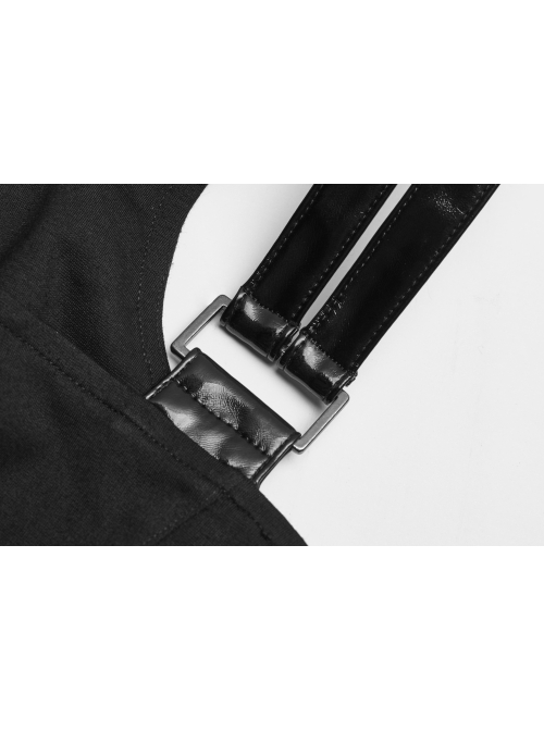 Metal Buckle Patent-Leather Straps Front Zipper Waist Hollowed-Out Ribbon Black Punk Tight Vest