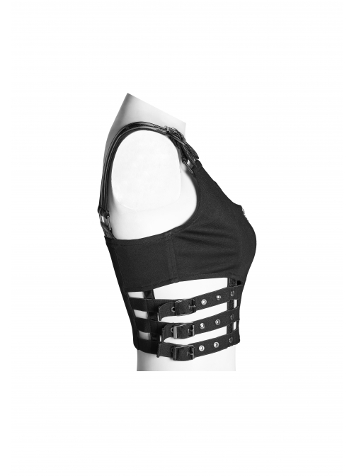 Metal Buckle Patent-Leather Straps Front Zipper Waist Hollowed-Out Ribbon Black Punk Tight Vest