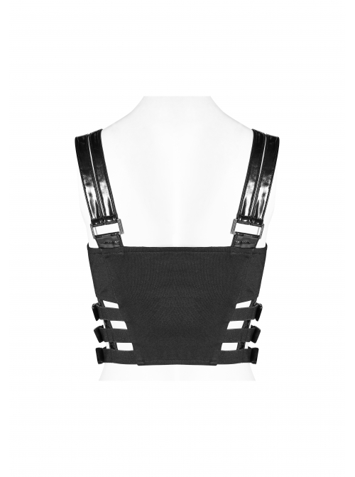 Metal Buckle Patent-Leather Straps Front Zipper Waist Hollowed-Out Ribbon Black Punk Tight Vest