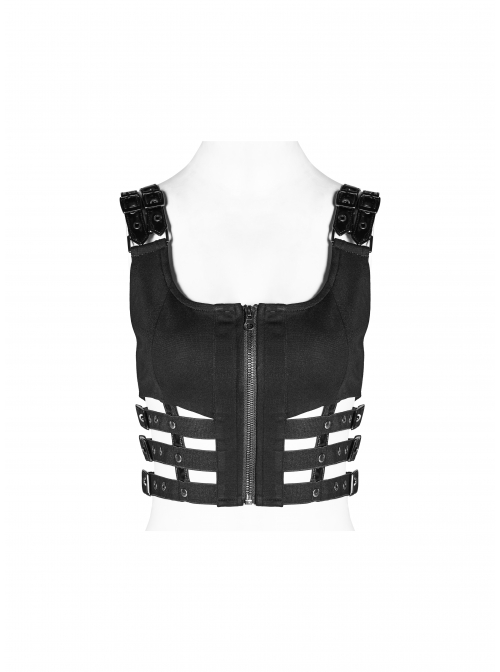 Metal Buckle Patent-Leather Straps Front Zipper Waist Hollowed-Out Ribbon Black Punk Tight Vest