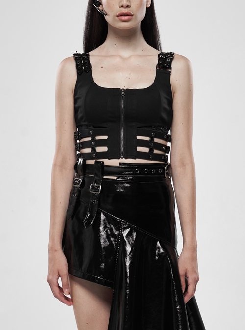 Metal Buckle Patent-Leather Straps Front Zipper Waist Hollowed-Out Ribbon Black Punk Tight Vest
