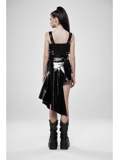 Metal Buckle Patent-Leather Straps Front Zipper Waist Hollowed-Out Ribbon Black Punk Tight Vest