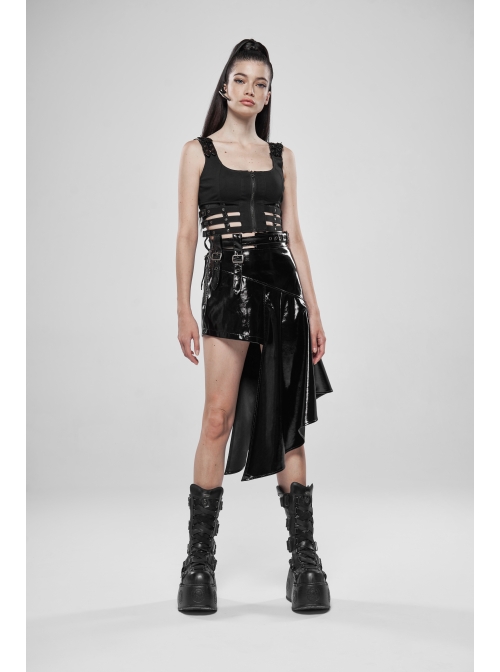 Metal Buckle Patent-Leather Straps Front Zipper Waist Hollowed-Out Ribbon Black Punk Tight Vest