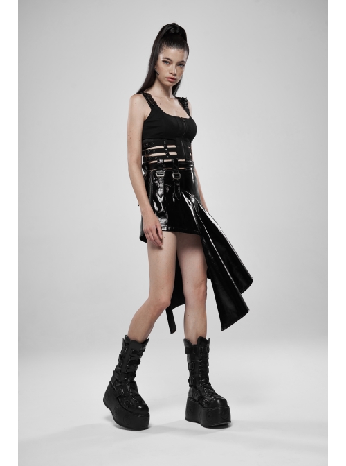 Metal Buckle Patent-Leather Straps Front Zipper Waist Hollowed-Out Ribbon Black Punk Tight Vest
