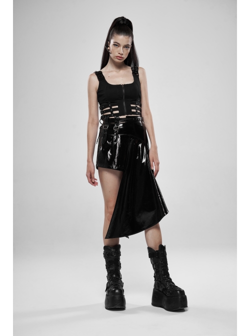 Metal Buckle Patent-Leather Straps Front Zipper Waist Hollowed-Out Ribbon Black Punk Tight Vest