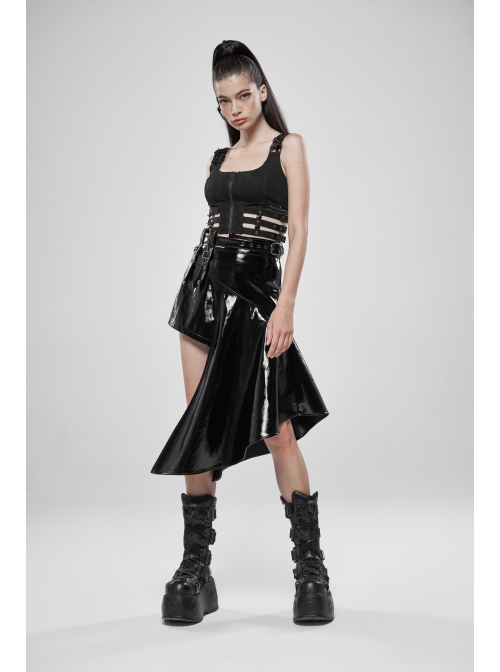 Metal Buckle Patent-Leather Straps Front Zipper Waist Hollowed-Out Ribbon Black Punk Tight Vest