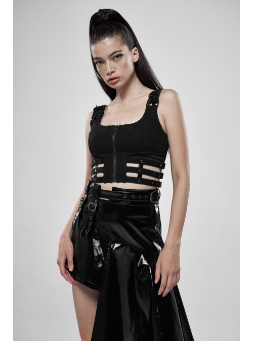 Metal Buckle Patent-Leather Straps Front Zipper Waist Hollowed-Out Ribbon Black Punk Tight Vest