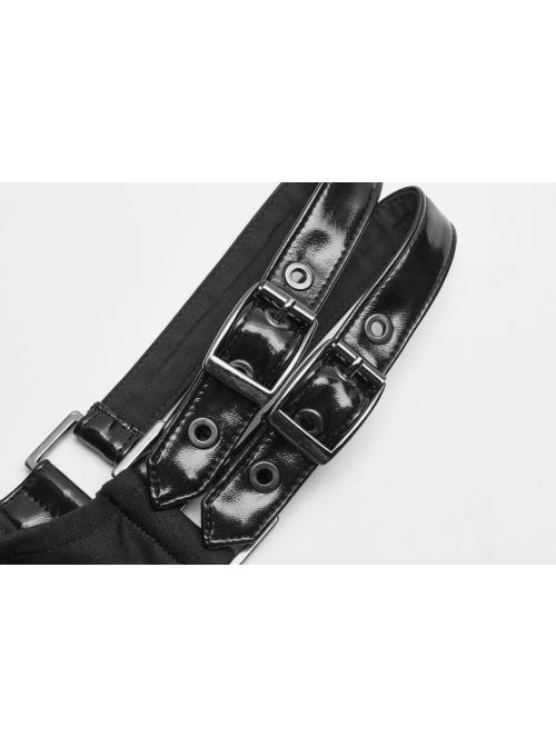 Metal Buckle Patent-Leather Straps Front Zipper Waist Hollowed-Out Ribbon Black Punk Tight Vest