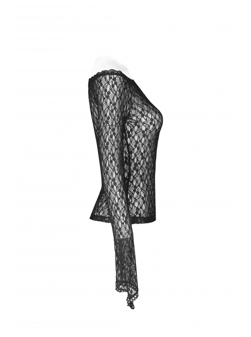 One-Word Collar Long Sleeves Black Gothic Transparent Lace T-Shirt