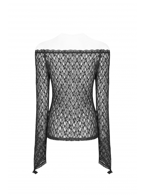 One-Word Collar Long Sleeves Black Gothic Transparent Lace T-Shirt
