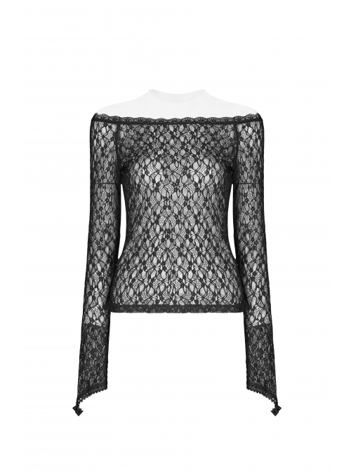 One-Word Collar Long Sleeves Black Gothic Transparent Lace T-Shirt