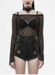 One-Word Collar Long Sleeves Black Gothic Transparent Lace T-Shirt
