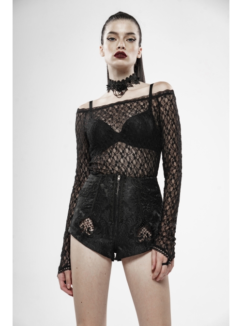 One-Word Collar Long Sleeves Black Gothic Transparent Lace T-Shirt
