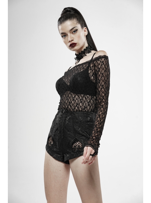 One-Word Collar Long Sleeves Black Gothic Transparent Lace T-Shirt
