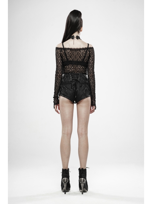 One-Word Collar Long Sleeves Black Gothic Transparent Lace T-Shirt