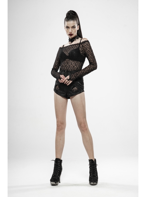 One-Word Collar Long Sleeves Black Gothic Transparent Lace T-Shirt