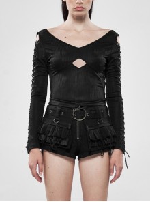 Front Chest Large V-Neck Hollow-Out Long Sleeve Slit Lace-Up Black Punk Dark Striped Knitted Tight T-Shirt