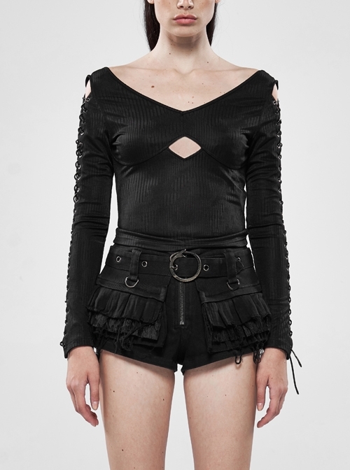 Front Chest Large V-Neck Hollow-Out Long Sleeve Slit Lace-Up Black Punk Dark Striped Knitted Tight T-Shirt