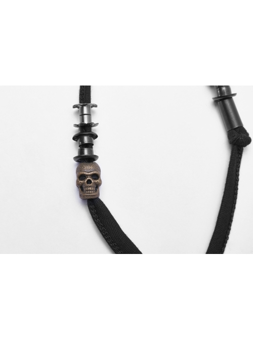 V-Neck Sagging Braided Belt Metal Pendant Hem Black Gothic Hooded Lace T-Shirt