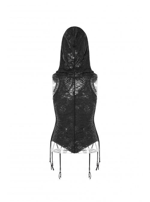 V-Neck Sagging Braided Belt Metal Pendant Hem Black Gothic Hooded Lace T-Shirt